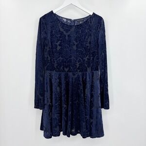 City Triangle Navy Blue Burnout Velvet Damask Floral‎ Mini Dress Long Sleeve 15